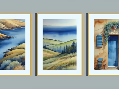 Vibrant Landscape Paintings Set with Seaside Hills Green Fields and Blue Door Building 3d model
