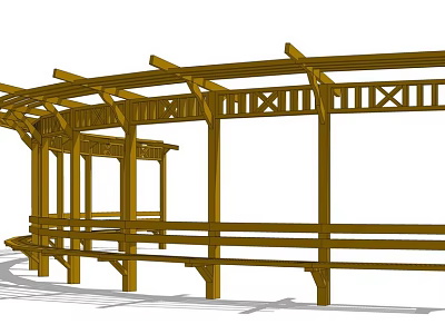 Wooden Pergola With Curved Roof Design Crossbeams Vertical Posts And Seating Benches 3d model
