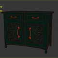 Elegant Teal Green Entryway Side Cabinet With Carved Design Golden Handles And Drawers