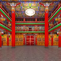 Buddhist Temple Interior With Colorful Ceiling Red Pillars And Central Buddha Statue 3d model