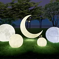 Outdoor Decorative Lights Featuring Crescent Moon Spherical Shapes With Stars Among Trees And Grass