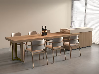 Modern Minimalist Wooden Bar Counter with Wine Bottles Glasses Chairs Sink Cabinet Near Window Blinds 3d model