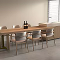 Modern Minimalist Wooden Bar Counter with Wine Bottles Glasses Chairs Sink Cabinet Near Window Blinds