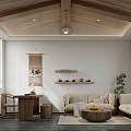 Hotel Guest Room Interior With Wooden Ceiling Rattan Wardrobe And Landscape Painting