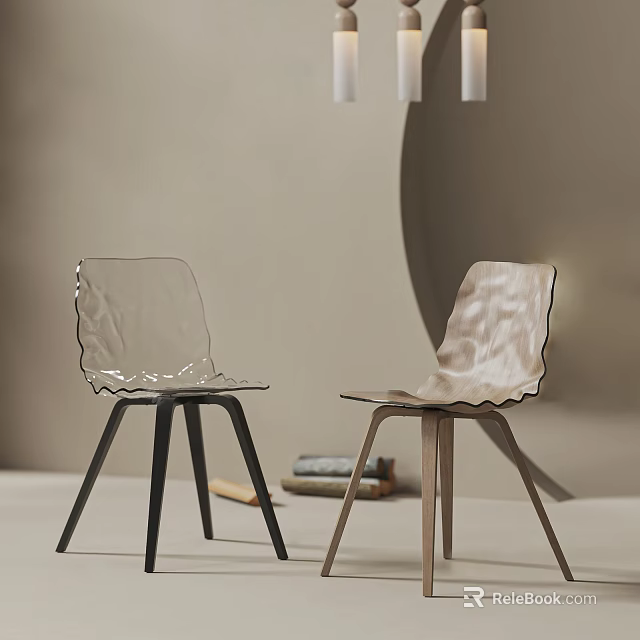 Transparent And Wooden Dining Chairs With Wavy Design In Modern Interior Space 3d model 