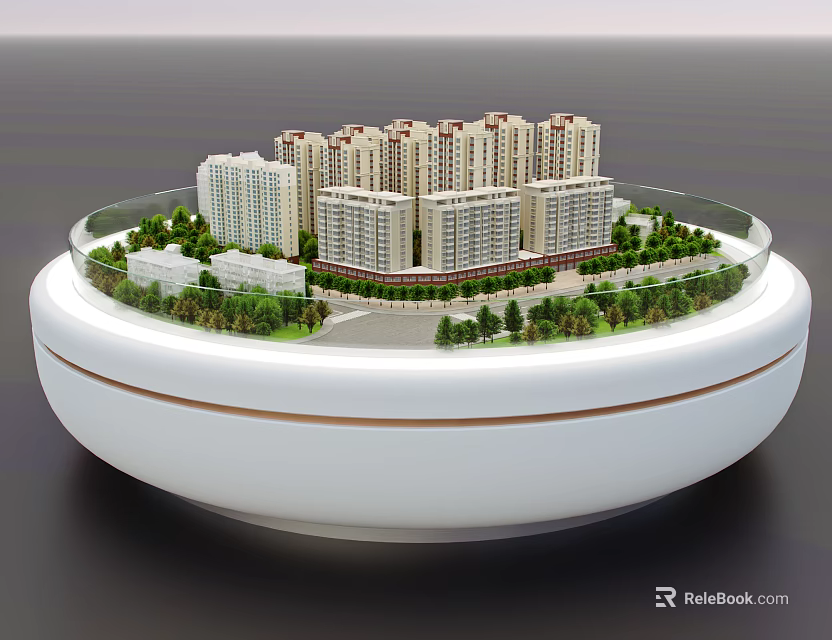 Commercial Building Model Display Equipment with High Rise Buildings Green Landscaping and Circular Base 3d model 