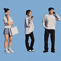 Group of People in Various Outfits with Different Poses Holding Smartphones on Blue Background