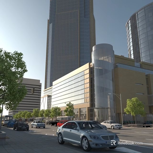 Modern Office Building With Tall Glass Facade And Cylindrical Structure Near Street Trees And Cars 3d model 