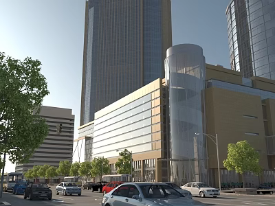 Modern Office Building With Tall Glass Facade And Cylindrical Structure Near Street Trees And Cars 3d model