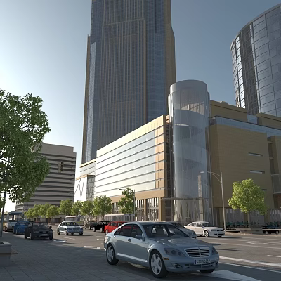 Modern Office Building With Tall Glass Facade And Cylindrical Structure Near Street Trees And Cars 3d model