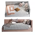 Modern Cozy Children's Bed with Gray Pink Frame Checkered Bedding Soft Pillows and Plush Toys