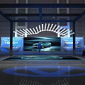 Futuristic Exhibition Display With Illuminated Pillars And Central Exhibit In Modern Architectural Space