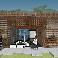 Bamboo Pergola With Grid Structure And Green Plants Outdoor Seating Area