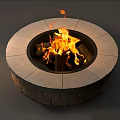 Outdoor Circular Fire Pit with Brick Base Stone Top and Burning Flames 3d model
