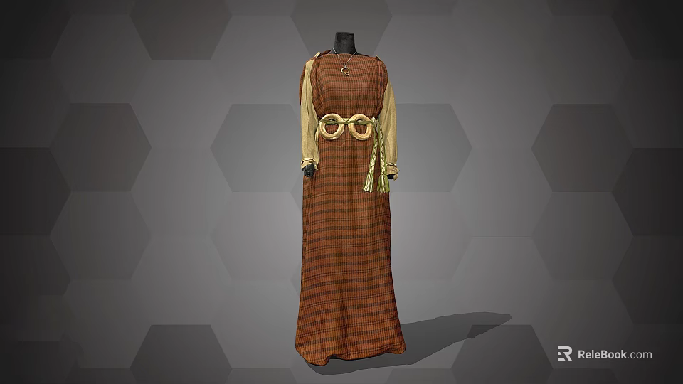 Brown Plaid Long Dress With Beige Sleeves And Circular Belt Detail 3d model 