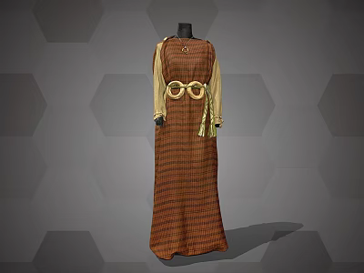 Brown Plaid Long Dress With Beige Sleeves And Circular Belt Detail 3d model
