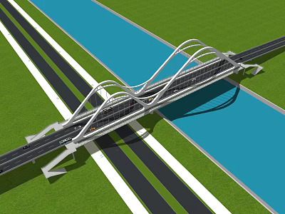 Modern Arch Bridge Design Over Blue Water With Green Grass And Roadway 3d model