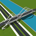 Modern Arch Bridge Design Over Blue Water With Green Grass And Roadway