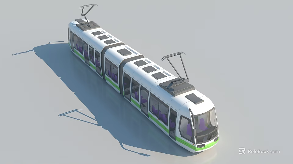 Modern Electric Tram With White And Green Exterior Roof Poles And Transparent Windows 3d model 