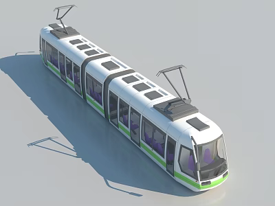 Modern Electric Tram With White And Green Exterior Roof Poles And Transparent Windows 3d model