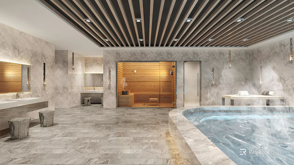 Elegant SPA Sauna Interior With Wooden Steam Room Marble Walls And Hot Tub 3d model 