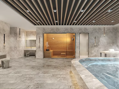 Elegant SPA Sauna Interior With Wooden Steam Room Marble Walls And Hot Tub 3d model