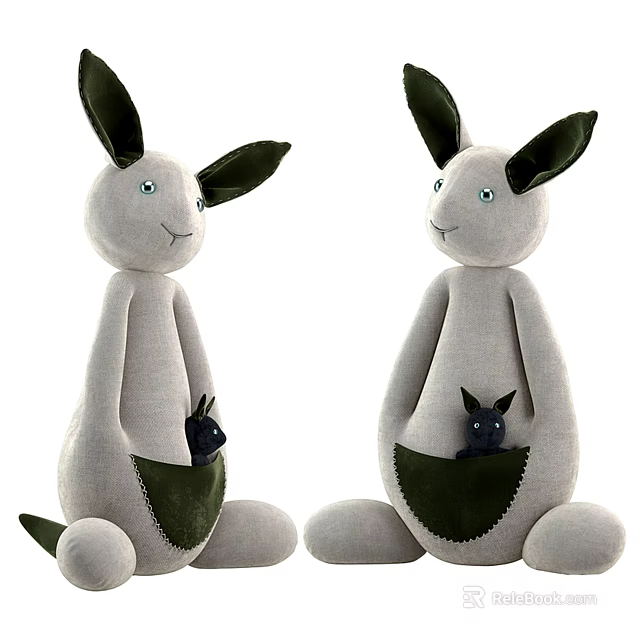 Adorable Stuffed Rabbit Plush Toys Standing And Sitting With Green Pockets Holding Small Black Animals 3d model 