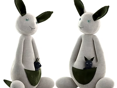 Adorable Stuffed Rabbit Plush Toys Standing And Sitting With Green Pockets Holding Small Black Animals 3d model