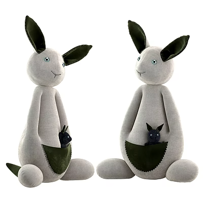 Adorable Stuffed Rabbit Plush Toys Standing And Sitting With Green Pockets Holding Small Black Animals 3d model