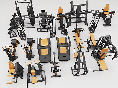 Diverse Sports Equipment With Black And Orange Design Multiple Strength Training Machines 3d model