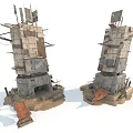 Ruined Stone Towers With Wooden Structures Flags And Rustic Bases Design 3d model