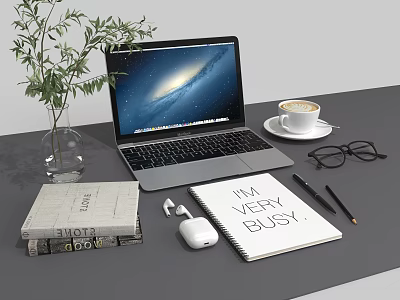 Modern Laptop with Galaxy Screen Coffee Cup Plant Notebook Wireless Earbuds on Desk 3d model