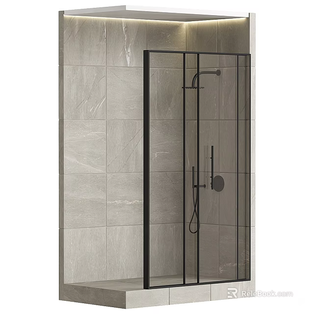 Modern Black Frame Shower Enclosure With Rainfall Shower Head And Gray Tiles 3d model 