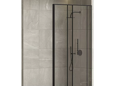 Modern Black Frame Shower Enclosure With Rainfall Shower Head And Gray Tiles 3d model