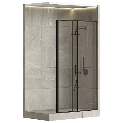 Modern Black Frame Shower Enclosure With Rainfall Shower Head And Gray Tiles 3d model