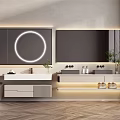 Modern Minimalist Washbasin Vanity With Double Sinks Mirror LED Strip Lighting Grey Cabinetry Wooden Flooring