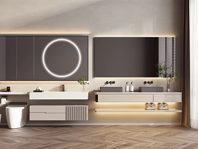 Modern Minimalist Washbasin Vanity With Double Sinks Mirror LED Strip Lighting Grey Cabinetry Wooden Flooring 3d model