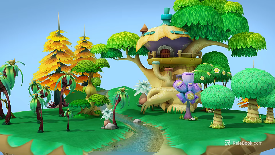 Cartoon Scene Featuring Mushroom Shaped Treehouse Colorful Trees Stream And Flower Decorations 3d model 
