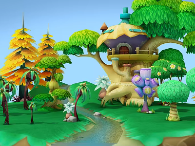 Cartoon Scene Featuring Mushroom Shaped Treehouse Colorful Trees Stream And Flower Decorations 3d model
