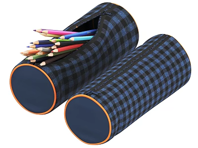 Colored Pencils Organized in Two Blue and Black Checkered Pencil Pouches 3d model