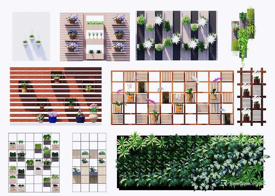 Vertical Living Wall Design With Various Plant Decor And Wooden Structure Elements 3d model