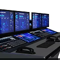 Modern Functional Desk With Multiple Monitors Ergonomic Chairs And Control Panel Setup