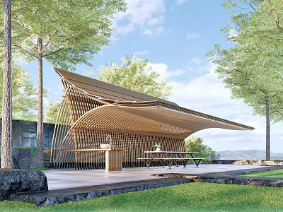 Wooden Pavilion Design with Curved Roof Platform Surrounded by Trees Grass Distant Landscape and Sky 3d model