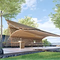 Wooden Pavilion Design with Curved Roof Platform Surrounded by Trees Grass Distant Landscape and Sky