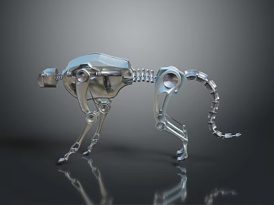 Shiny Silver Mechanical Leopard Sculpture With Robotic Joints And Metal Structure 3d model