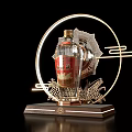 Elegant Art Installation With Golden Circular Frame Dragon Pattern Radiant Background And Central Liquor Bottle