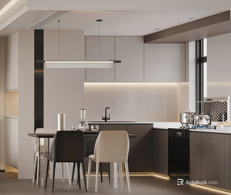 Modern Restaurant Open Kitchen Interior Design With Cabinets Dining Table Chairs And Pendant Light 3d model 