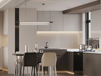 Modern Restaurant Open Kitchen Interior Design With Cabinets Dining Table Chairs And Pendant Light 3d model