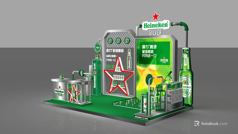Heineken Silver Interactive Zone Featuring Green Booth Star Decorations And Beer Bottles 3d model 