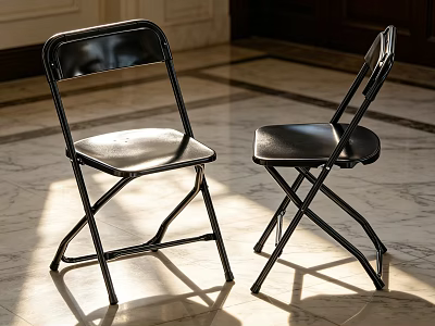 Black Folding Chairs With Metal Frame And Leather Seat In Indoor Marble Floor Sunlight Shadows 3d model